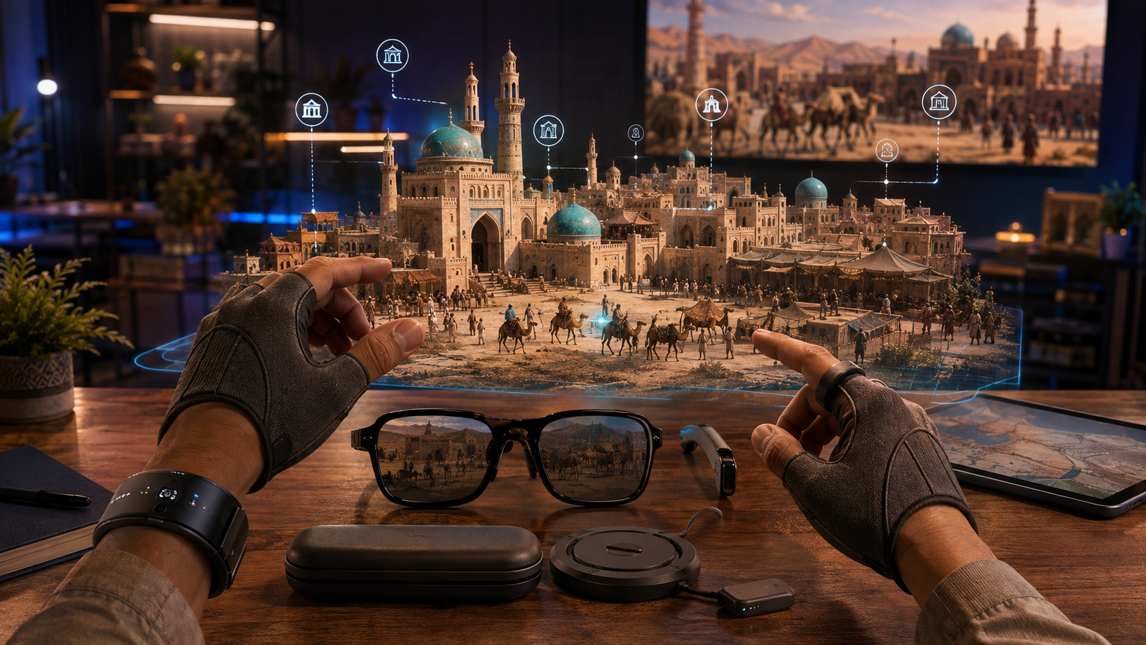 Sabi Silk Road VR learning lab with 2-in-1 VR AR glasses, brain receiver bracelet, haptic gloves and AR ring